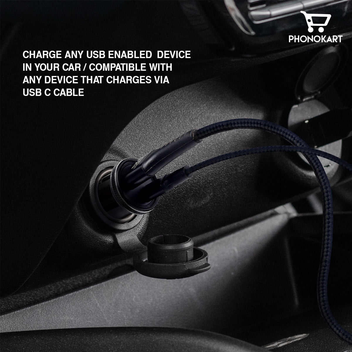 CAR CHARGER SELTOS (48W) WITH FREE TYPE C TO LIGHTNING CABLE (BLACK)